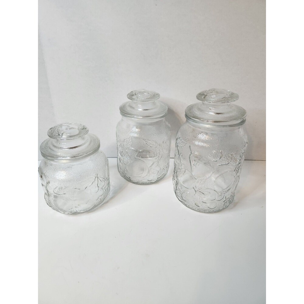 Vintage Libbey Glass Orchard Fruit Embossed Clear Glass Canisters Set of 3
